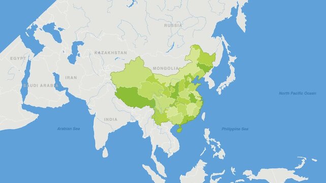 China political map zoom animation over Eastern Asia 4K