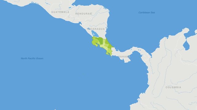 Costa Rica political map zoom animation over Central America 4K