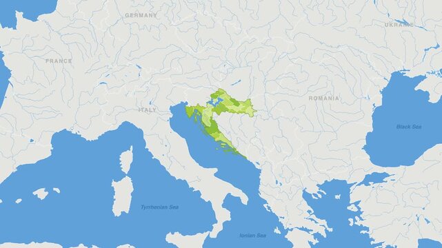 Croatia political map zoom animation over Southern Europe 4K