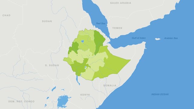 Ethiopia political map zoom animation over Eastern Africa 4K