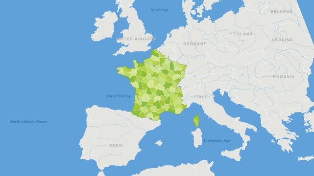 France political map zoom animation over Western Europe 4K