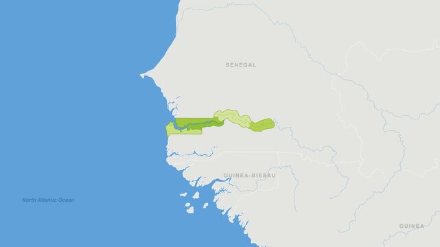 Gambia political map zoom animation over Western Africa 4K