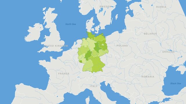 Germany political map zoom animation over Western Europe 4K