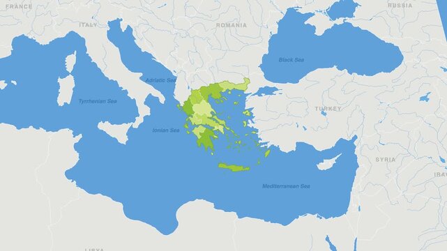 Greece political map zoom animation over Southern Europe 4K