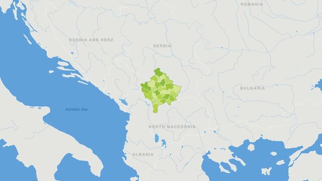 Kosovo political map zoom animation over Southern Europe 4K