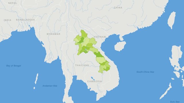 Laos political map zoom animation over South-Eastern Asia 4K