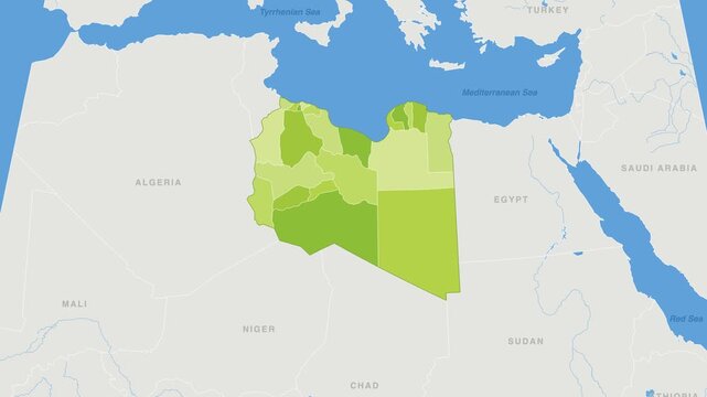 Libya political map zoom animation over Northern Africa 4K