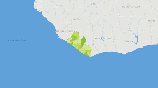 Liberia political map zoom animation over Western Africa 4K
