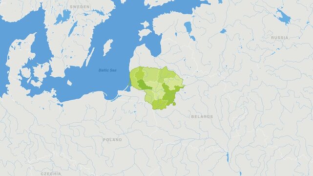 Lithuania political map zoom animation over Northern Europe 4K