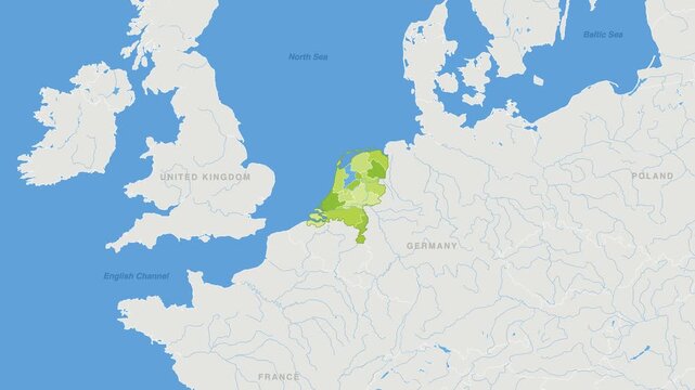 Netherlands political map zoom animation over Western Europe 4K
