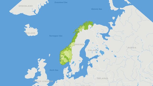 Norway political map zoom animation over Northern Europe 4K