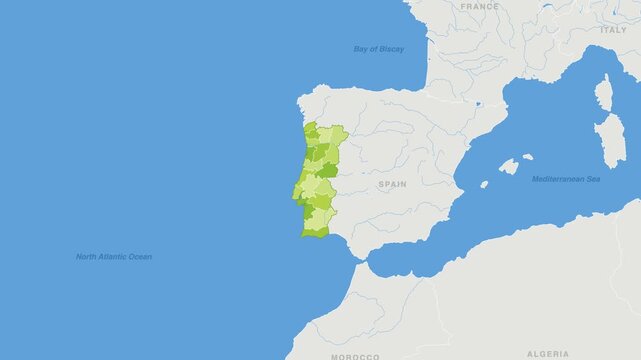 Portugal political map zoom animation over Southern Europe 4K