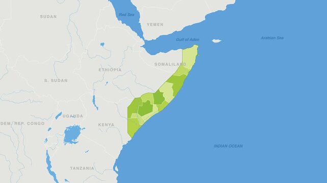 Somalia political map zoom animation over Eastern Africa 4K