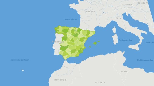 Spain political map zoom animation over Southern Europe 4K