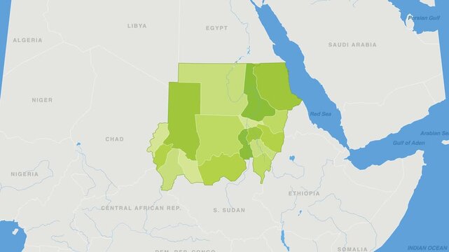 Sudan political map zoom animation over Northern Africa 4K