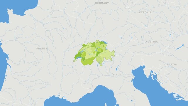 Switzerland political map zoom animation over Western Europe 4K