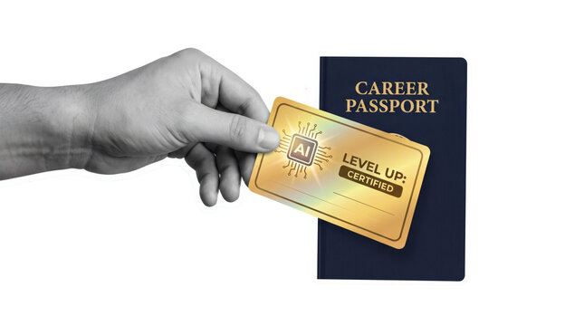 Personal finance and VIP career privilege concept: human hand holding a premium embossed golden credit card or career passport access. Modern visual element on white background template display.