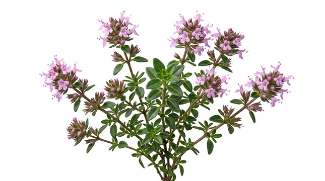 Fresh flowering thyme sprigs on white background, blooming organic thyme herb with purple flowers, aromatic culinary thyme plant for cooking and medicine