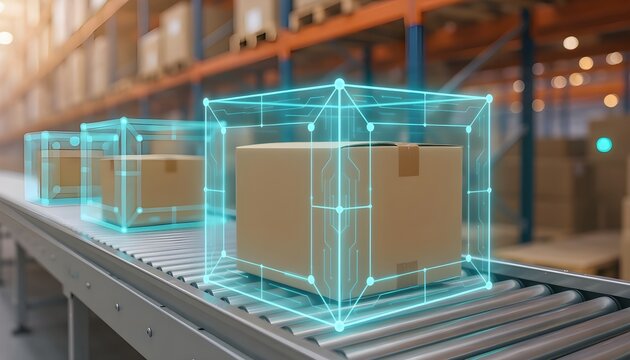 Cardboard box connected by glowing node points and circuit lines forming digital frame on warehouse conveyor, symbolizing networked smart inventory tracking system
