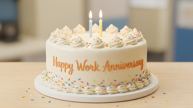 A round cake with smooth white frosting sits on a white platter on a wooden table, decorated with piped dollops, colorful sprinkles, orange Happy Work Anniversary text, and two burning candles