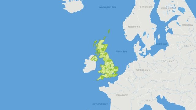 United Kingdom political map zoom animation over Northern Europe 4K