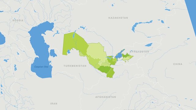 Uzbekistan political map zoom animation over Central Asia 4K