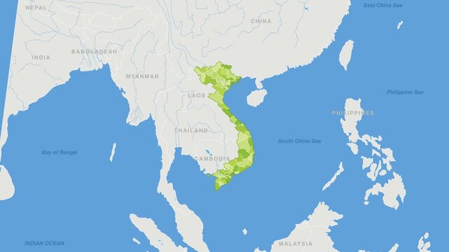 Vietnam political map zoom animation over South-Eastern Asia 4K