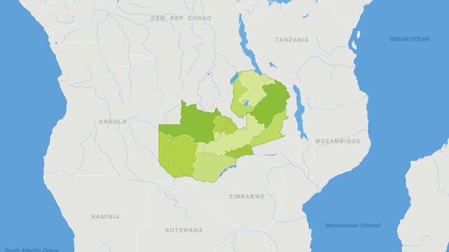 Zambia political map zoom animation over Eastern Africa 4K