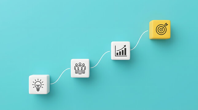 D render of four square blocks arranged in an upward diagonal progression connected by a white path featuring business strategy icons on a turquoise background representing goal achievement
