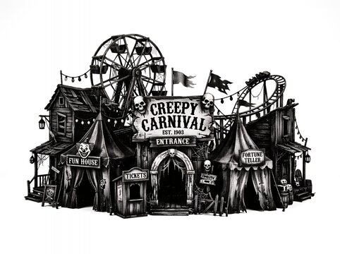 Detailed black and white illustration of a spooky creepy carnival with rides and tents.