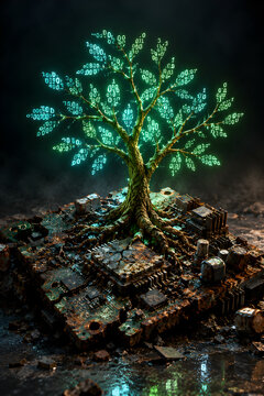 Digital Tree Growing From Rusted Circuit Board With Glowing Binary Code Leaves