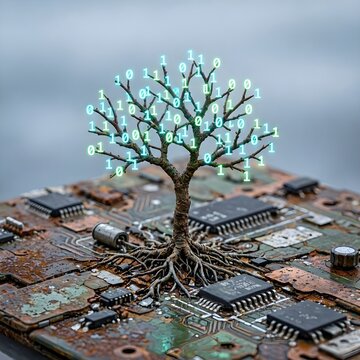 Digital Tree Growing From Rusted Circuit Board With Glowing Binary Code Leaves