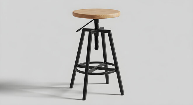 Modern Adjustable Industrial Bar Stool with Round Wooden Seat and Matte Black Metal Frame for Contemporary Home Kitchen Furniture Interior Design