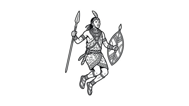 African Warrior Jumping With Spear and Shield, Traditional Warrior Outfit, Tribal Hunter, Dynamic Pose, Black and White Illustration