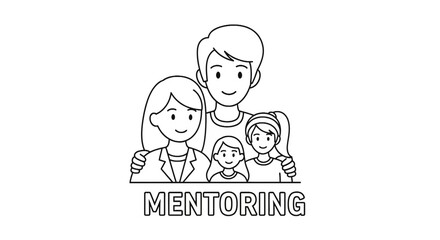 Fototapeta premium Family Mentoring Concept - Parents Guiding Children, Love, Support, Isolated Line Art Illustration