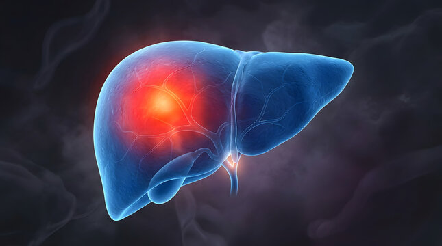 3D rendered medical illustration of a human liver anatomical model featuring a vibrant glowing red and orange diseased area of inflammation on its left lobe against a dark smoky background