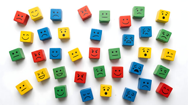 Colorful Wooden Blocks Displaying Various Emotional Expressions and Moods on a Plain White Background