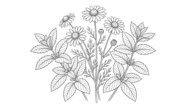 Vintage botanical illustration of chamomile and mint, hand drawn herbal sketch on white background, medicinal plant line art for tea packaging