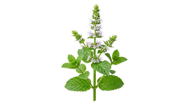 Fresh blooming mint sprig with purple flowers, aromatic peppermint plant on white background, organic herbal tea ingredient and culinary herb