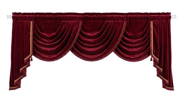 Elegant Red Velvet Window Valance with Gold Fringe and Tassels Isolated on White Background for Interior Design