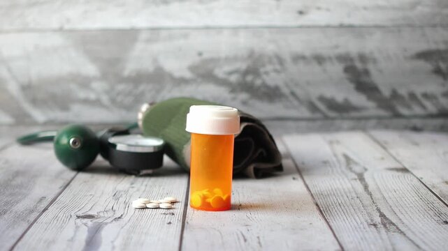 Medical pills in bottle and blood pressure monitoring machine on white table with copy space healthcare and medical concept motion