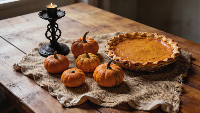 Homemade pumpkin pie with small pumpkins and lit candle on rustic wooden table