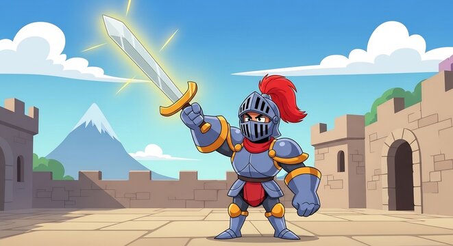 Knight's Victory: A valiant knight in shining armor, with a shining sword held high in triumph, stands on a stone courtyard before a castle, under a bright blue sky with a distant mountain.