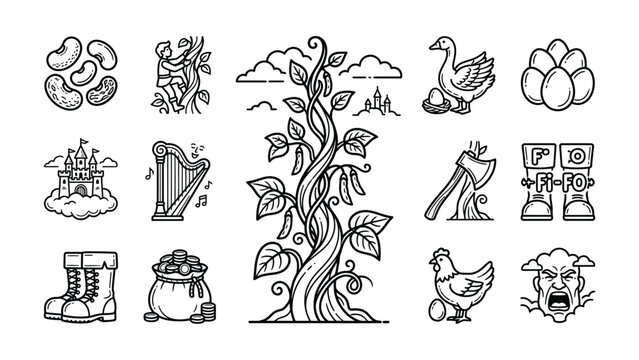 Jack and the Beanstalk Icons: Magic Plant, Castle, Goose, Gold, Harp, Boots, Axe, Giant, Eggs, Beans