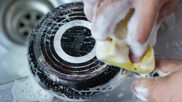 Close up of hands scrubbing bottom of frying pan with soapy sponge in kitchen sink