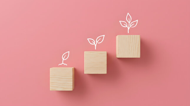 Conceptual photograph of three square wooden blocks arranged in a diagonal staircase pattern on a pink backdrop featuring white line art plant sprouts showing progressive growth from left to right