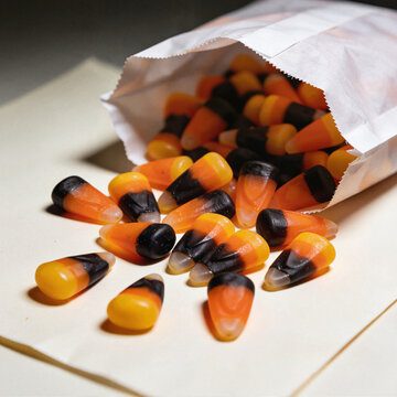 Classic candy corn spilled from white paper bag onto beige surface