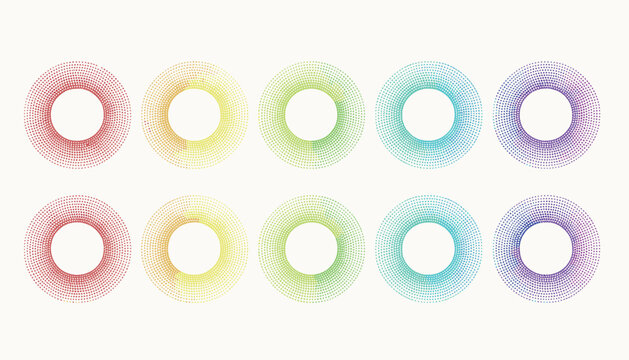 Colorful halftone mosaic circle frames set in rainbow gradient shades arranged in two rows on a light cream background.