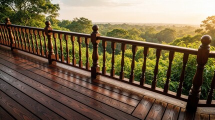 Obraz premium Wooden deck and railing overlook rich green forest canopy at sunset. Natural light illuminates polished wood planks, creating serene atmosphere perfect for tranquil retreats and nature exploration.