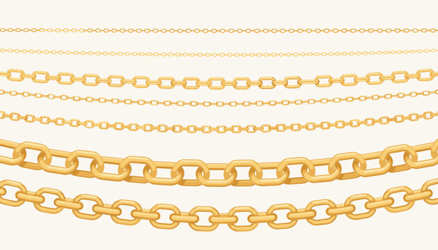 Horizontal gold chains collection of varying thicknesses and link designs on a soft cream background.